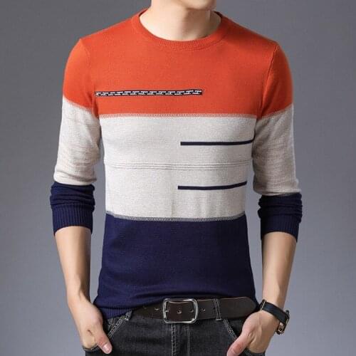 Autumn Winter Pullover Men Round Collar Striped Cotton Sweaters Slim Fit Pull Homme Knitwear 2021