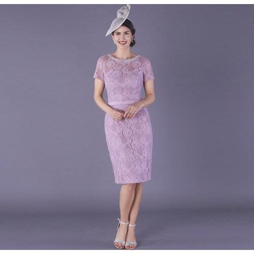 Lilac Short Sleeves Knee Length Mother Of The Bride Dress Beading Scoop Neck Back Zipper with Buttons Moms Party Gown 2020