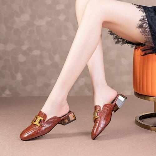 QZYERAI Brand Summer Women Black Brown Slippers Womens Shoes Genuine Leather Sandals Slippers Mules Shoes