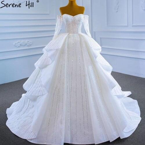 Serene Hill White Luxury Sparkle Wedding Dresses 2021 Beading High-end Long Sleeves Lace Up Bridal Dress HM67241