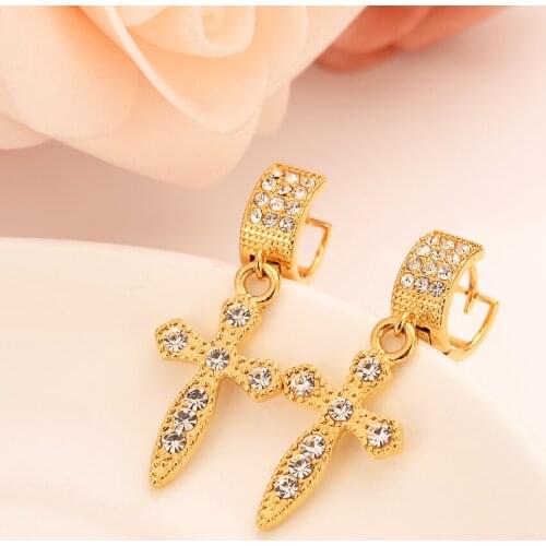 Red crystal cz cross drop earring Ethiopian/Nigeria/Kenya /Ghana Gold color Dubai african Arab Middle Eastern Jewelry Mom Gifts