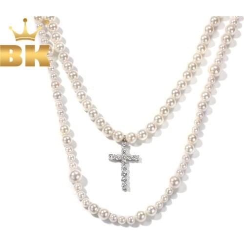 THE BLING KING Exquisite 2 layers Beads White Shell Pearl Hiphop Chains Necklaces With Cubic Zirconia Cross Pendant Jewelry