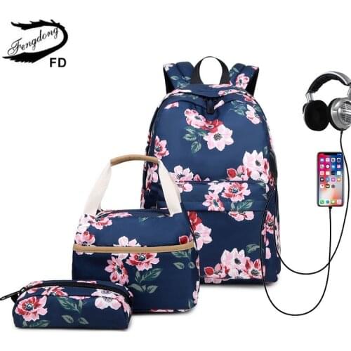 Fengdong 3pcs/set children school bags for girls black flower backpack USB schoolbag studen floral lunch food bag pencil bag set