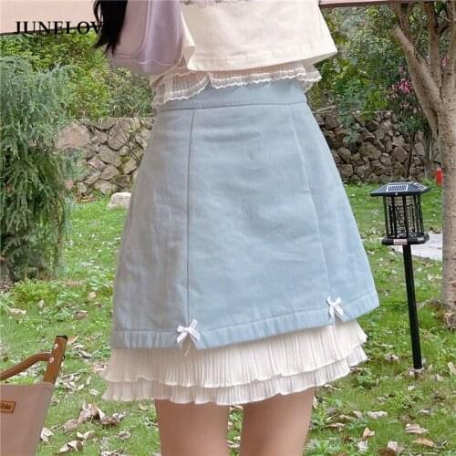 JuneLove Summer Elegant Skirt Women Sweet Japanese Style Soft Bow Cute Skirt High Waist Pleated Lace A- Line Holiday Skirt 2021