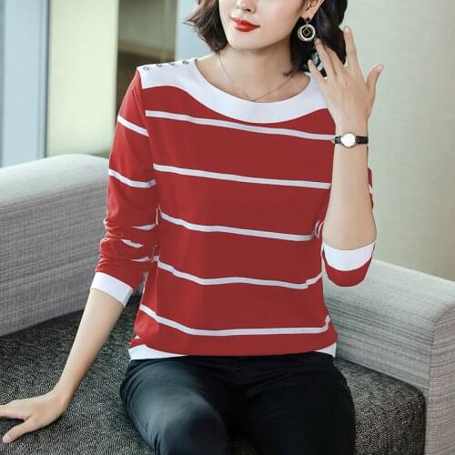 Long Sleeve T Shirt Female Womens Loose Round Neck Striped T Shirt Cotton 2021 Spring Autumn Tee Shirt Lady Tops Basic Casual