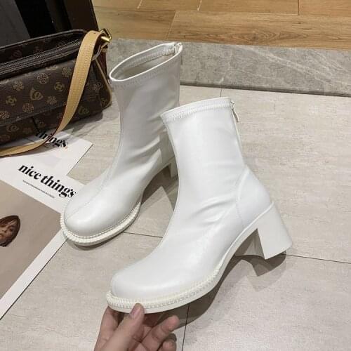 2020 Winter Womens Boots Fashion Thick Heel Mid Calf Boots Round Head Square Heel High Pu Leather Women Boots Zapatos De Mujer
