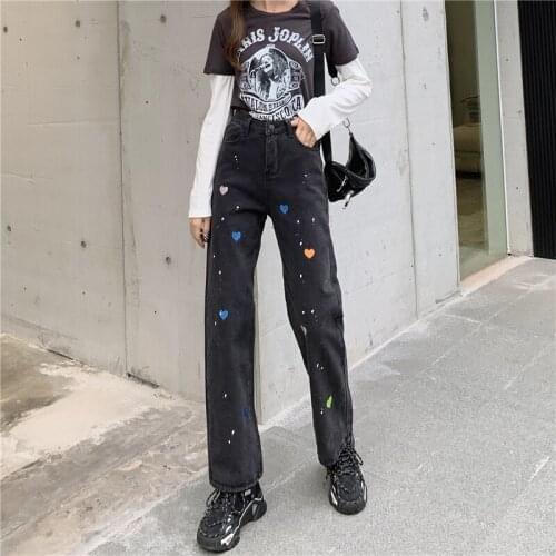 Love Embroidery Splash Print Jeans Woman High Waist Straight Loose Denim Pants Autumn Winter Korean Vaqueros Mujer