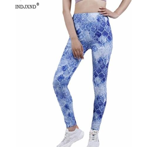 INDJXND Spandex High Waist Leggings Push Up Pants Elastic Gradient Blue Flower Fittness Sport Women Running New Ankle-Length