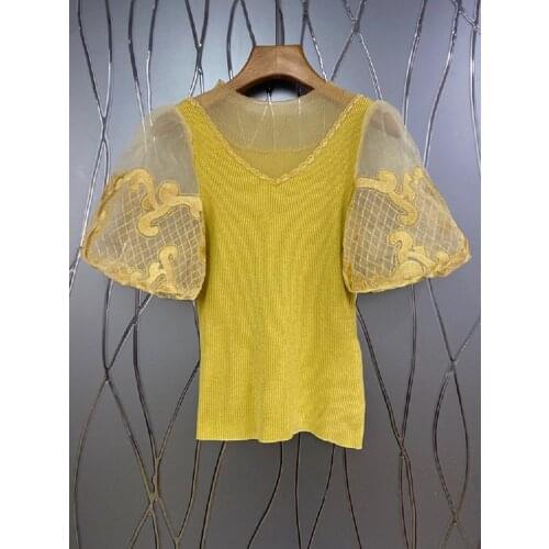 2021 Autumn Fashion Pullovers High Quality Women Sexy Tulle Mesh Embroidery Patchwork Puff Sleeve Casual Yellow Jumpers Lady