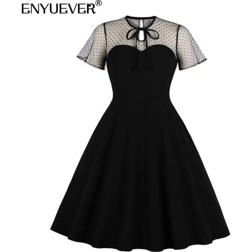 Enyuever Plus Size Women Dress Summer Clothes Bowknot Hollow Out Patchwork Mesh Robe Pin Up Swing Polka Dot Black Casual Dresses