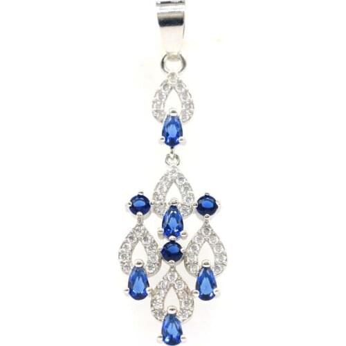 50x15mm SheCrown Anniversary Long Tanzanite CZ for Women Wedding Fine Jewelry 925 Sterling Silver Pendant