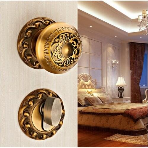 European yellow bronze spherical carved lock Double mute bedroom door lock Bathroom indoor lock Hardware wooden golden door lock