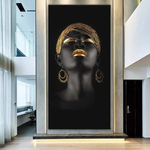 Black Women Oil Paintings Canvas Art Prints African Girl With Golden Headdress Canvas Paintings Wall Pictures For Living Room