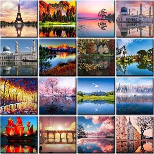 Diy Oil Painting By Numbers Landscape Reflection Acrylic Paint On Canvas Modern Wall Art Pictures Coloring By Numbers Home Decor