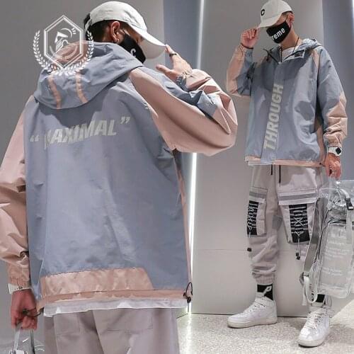 Men Fashion Loose Print Safari Style Jacket Casual Patchwork Hip Hop Coat with Hooded