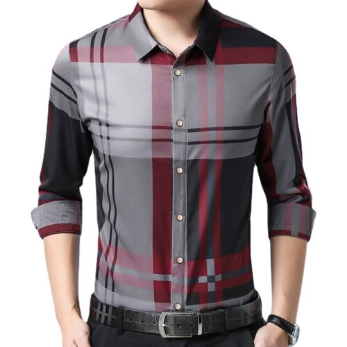Arctic fleece mens spring shirt long-sleeved business casual Korean style slim trend shirt young mens plaid shirt