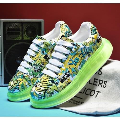 Men Air Cushion Skateboarding Shoes Fashion Leather Graffiti Printed Sneakers Waterproof Walking Shoes Casual Hip Hop Streetwear