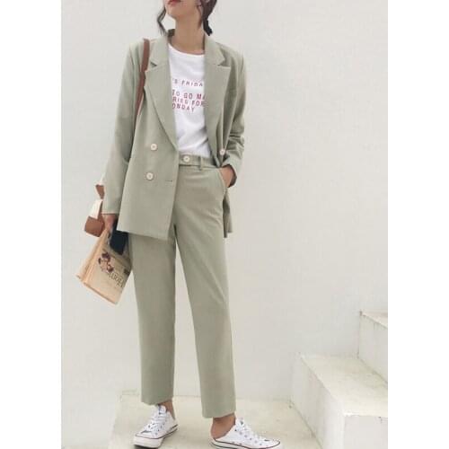 Autumn Winter Thicken Women Pant Suit Light Green Notched Blazer Jacket & Pant 2020 Office Wear Women Suits Female Sets