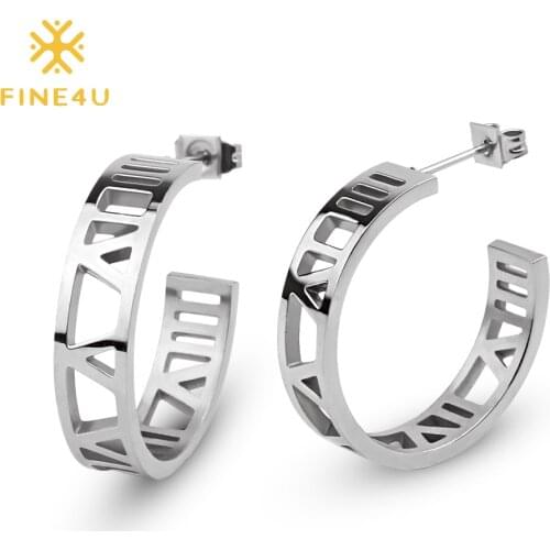FINE4U E178 Stainless Steel Roman Numerals Polished Hoop Earrings for Christmas Valentines Day Gift