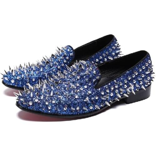 Special design white blue spiked loafers bling bling crystal dress shoes men leather rivets wedding shoes sapatos hombre vestir