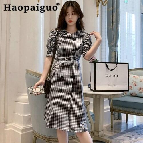 Large Size Houndstooth OL Work Office Dress Women Half Sleeve Double Button Midi Dress Women with Sashes A-line Bodycon Dress
