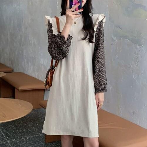 Dress Women Long Sleeve Fake Two Pieces Ruffles Patchwork Floral Womens Dresses O-neck Knee-length Loose Casual Sweet Kawaii