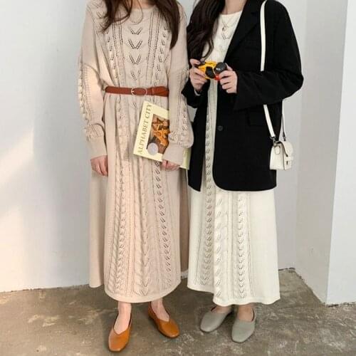 Plus Size Autumn Winter Sweater Dress Women Korean Fashion Lazy Wind Knitted Dress O Neck Vintage Ladies Long Dress Robe Pull