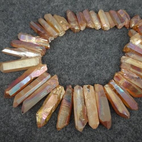 45pcs/strand Raw Crystals Points Bulk, Orange AB Mystic Titanium Quartz Top Drilled Crystal Stick Beads Pendants 8-10x22-40mm