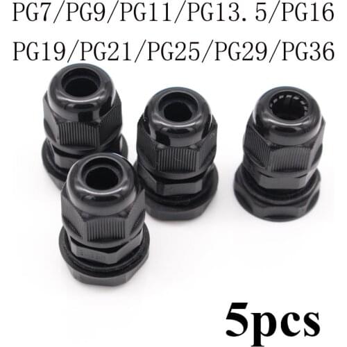 5pcs IP68 PG7 for 3-6.5mm PG9 PG11 PG13.5 PG16 PG19 Wire Cable CE Black Waterproof Nylon Plastic Cable Gland Connector