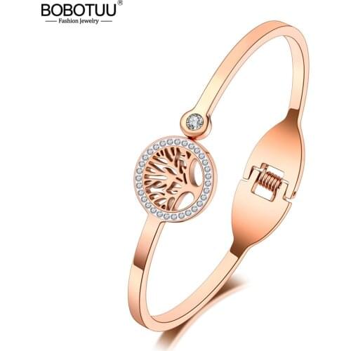 BOBOTUU Luxury CZ Crystal Tree Charm Cuff Bangles For Women Rose Gold Rhinestone 316L Stainless Steel Plant Bracelets BB20186