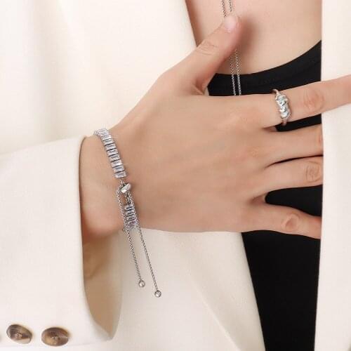 Trendy Rectangular Cubic Zirconia Bracelet Bangle For Women Hand Chain, Adjustable Gold Plated Stainless Steel Bracelets Jewelry