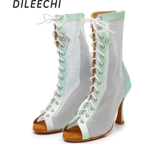 DILEECHI Latin Dance Shoes New Sequined Cloth Boots Women Party Ballroom Dancing Shoes High Gang Shameleon Material Soft Outsole