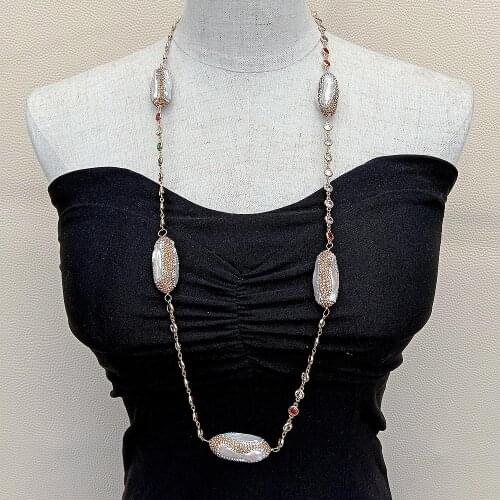 KKGEM 86CM Sweater chain Cultured White Biwa Pearl Multi Color Cz Pave Rosary Gold plated Chain Long Necklace