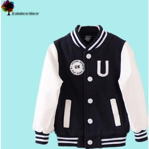 Classic Children Clothing Spring and Autumn Letter U Knitted Jacket with PU Sleeves Baseball Uniform Children Outwear