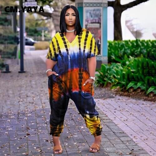 CM.YAYA Women Jumpsuit Print V-neck Pockets Loose Full Length Jumpsuits Female Casual Tracksuit One Piece Set Outfit Summer 2021