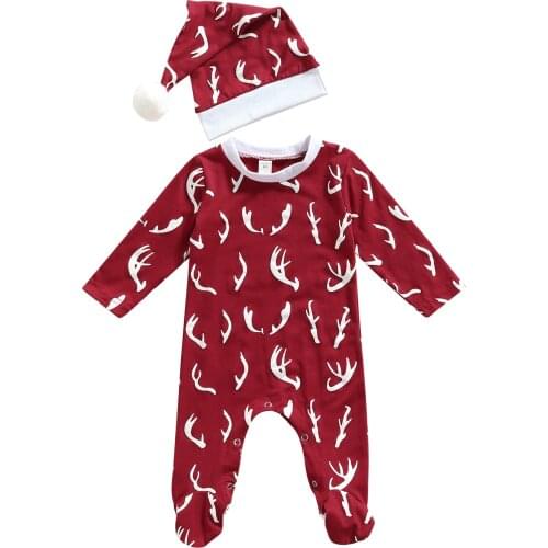 Lioraitiin 0-12M Infant 2Pcs Baby Boys Girls Outfit Creative Antler Printing Long Sleeve Footed Jumpsuit Plush Ball Cap