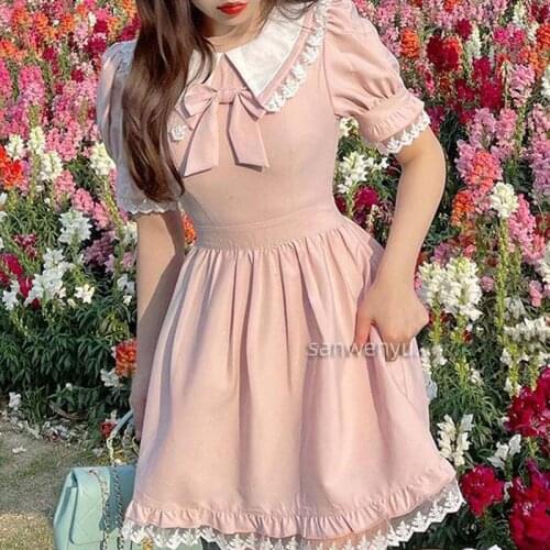 Kawaii Dress Women Summer Japanese Puff Sleeve Lace Pink Princess Lolita Dresses Vintage Bow Peter Pan Collar Cute Sweet Dress