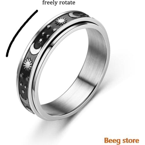 Fashion punk vintage sun moon rings finger rotate spinner mood anxiety fidget rings for women men stainless steel ring hip hop