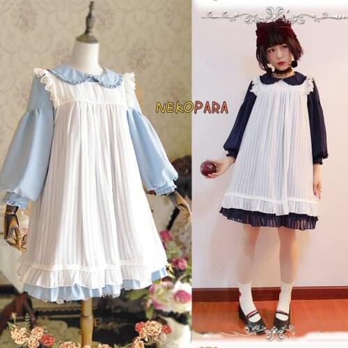 Kawaii Girls Alice in Wonderland Style 2pc Maid Dress Light Voile Sleeveless Apron + Long Sleeve Dolly Lolita Dress Blue & Black