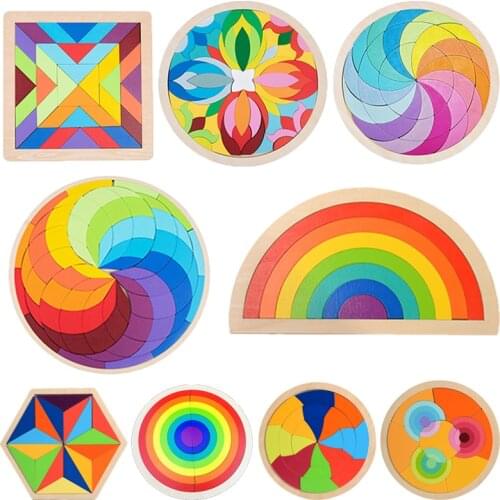 Rainbow Jigsaw Children Wooden Toys 3D Puzzle Montessori Educational Geometric Tangram Creativity Imagination Mandala Blocks Toy