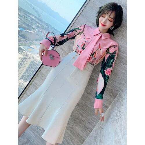 Lapel Print Ribbon Shirt+Double breasted high waist fishtail skirt suit 2021 Spring new High Quality Top Quality