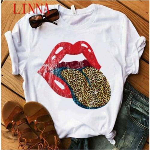 Cheetah tongue lip style female fashion Harajuku short sleeve printed fun T-shirt aesthetic clothing 90s fashion white T-shirt