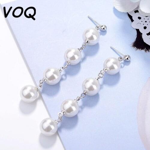 VOQ 925 Sterling Silver Long White Round Pearl Earrings Wild Tassel Earrings Wedding Pendant Earrings Korean Fashion Jewelry