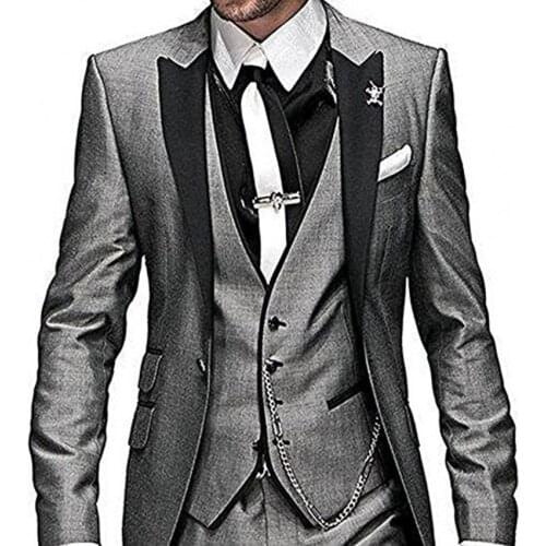 Groom Tuxedos Black Peak Lapel Groomsmen Mens Wedding Dress Fashion Man Jacket Blazer Prom/Dinner 3Piece Suit(Jacket+Pants+Vest)