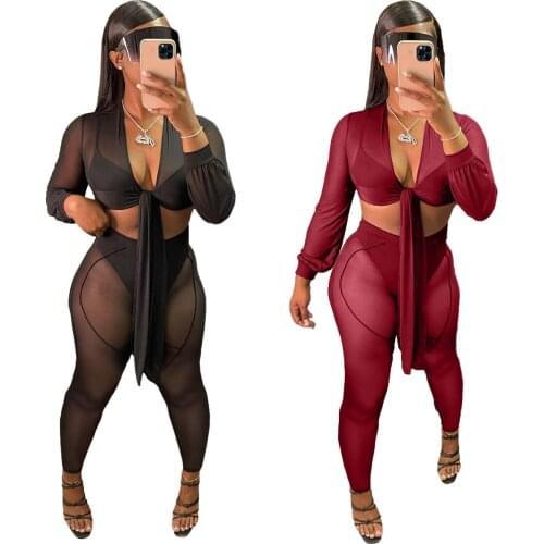 Sexy Sheer Mesh Black Burgundy 2 Piece Outfits Deep V Neck Lace Up Long Sleeve Crop Top + Leggings See Through Club Matching Set