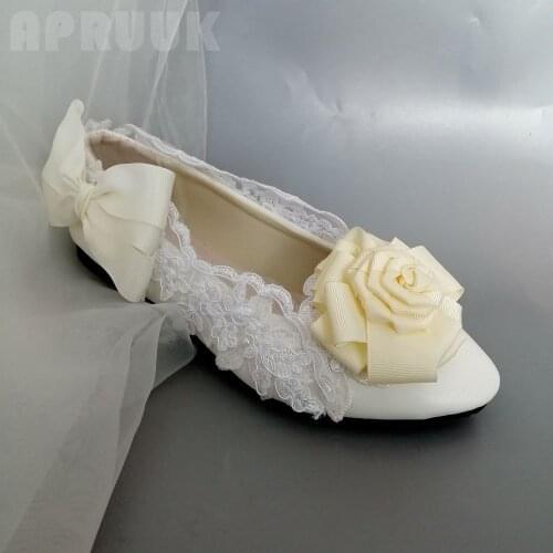Champagne rose flower lace flats shoes for woman handmade sweet fairy design flower girls ladies ceremony party dinner flats