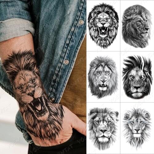 Roaring Lion Temporary Tattoo Sticker For Men Women Wolf Lightning Black Tiger Rose Waterproof Fake Henna Wild Animal Body Art
