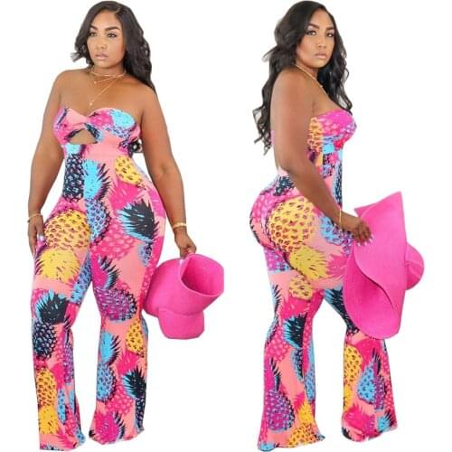 XL-5XL Plus Size Jumpsuits Women Clothing Pink Printing Tube top Hollow out Wide leg long Rompers Wholesale Dropshipping