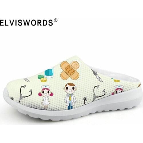 ELVISWORDS Cartoon Nurse Print Slippers women Cute Medical Doctor Air Mesh Sandals Summer Casual Beach Flat shoes Zapatos Mujer
