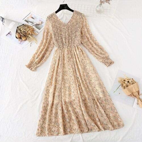 Women Chiffon Dress 2020 Spring Autumn New Fashion Female Long Sleeve Vintage Print Floral A-line Dress Loose Casual Dresses